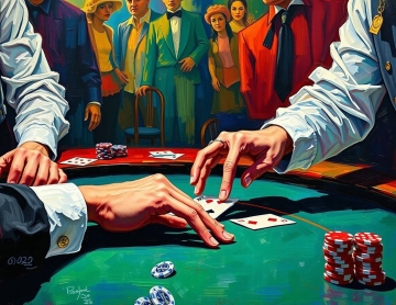 A classic oil painting in a retro style depicts hands at a casino table, imbued with the obsession of last-century gambling. The artwork features electric, vivid colors, rich textures