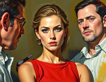 The essence of classic oil painting style defines a woman in a red sleeveless top, critically observing two men, unified by electric vivid colors, rich textures, and visible brushstrokes