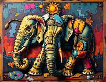 A classic oil painting of tarot cards forming an elephant puzzle, rendered in electric vivid colors with rich textures and visible brushstrokes