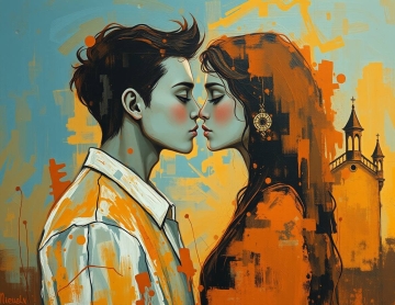 Young couple in love, imbued with an eerie, creepy atmosphere and warm golden hour light. Find right partner
