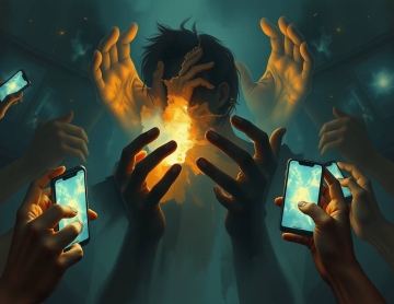 Abstract human figure surrounded by glowing phones, symbolizing digital overexposure, mind fragmentation, and loss of inner coherence.