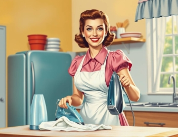 vibrant complimentary colors classic oil painting style Vintage 1950s retro illustration of a cheerful woman ironing clothes in a bright kitchen, pink blouse, white apron, neat hair.
