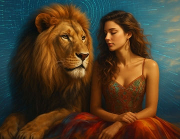 Surreal digital painting of a woman in a vibrant dress sitting beside a majestic lion, with a swirling data stream sky behind them symbolizing the Leo zodiac and cognitive feedback loops