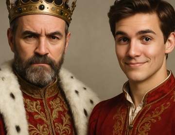 A photorealistic image of two white men side by side in royal attire. The older man on the left has a serious expression, a beard, and wears a golden crown and regal red robe with fur trim, portraying a mature king. The younger man on the right is cl