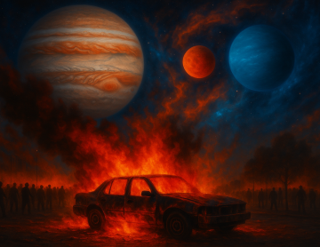 A burning car surrounded by silhouettes of people during a nighttime los angeles protests 2025, with fiery smoke rising into a cosmic sky featuring Jupiter, Mars, Uranus clash amid swirling nebulae.