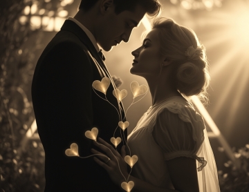 Classic black and white, surreal romantic scene, man and woman linked by glowing heart threads, triangle of light behind, ethereal atmosphere, soft golden tones