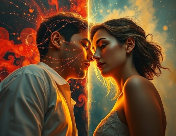 Young couple. Intensity relationship. A glowing energy field separates them, the left side a fiery chaos of reds and orange