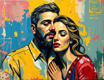 Bold acrylic painting of an abstract painting with a vintage aesthetic, showcasing trust between a man and woman with vibrant colors and textured brushstrokes