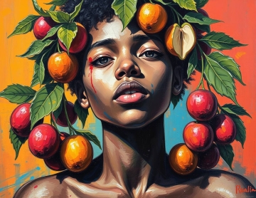 A bold acrylic painting with bright lens flare, showing a person with fruits growing around their head, characterized by vibrant colors, textured brushstrokes, and light streaks