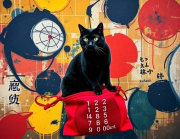 Abstract painting of black cat is superimposed, seated on a red pouch that symbolizes a numerology