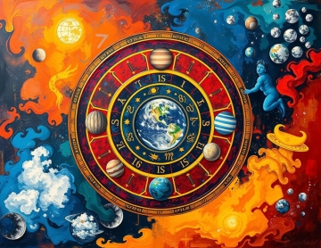 A classic oil painting depicting the symbolism of the Seven Week Days, featuring an ancient calendar interwoven with the seven planets, rendered in electric vivid colors with rich textures