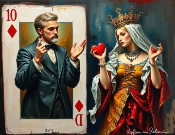 A classic oil painting captures the ten of diamonds and queen of clubs with personages dynamically emerging from card frames, illustrating special relationships with electric, vivid colors