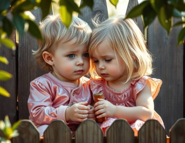 Close-up, iridescent colors, painting, warm tones, iridescent reflections, detailed focus, two blonde toddlers twins, boy and girl, sitting outdoors, rustic wooden fence