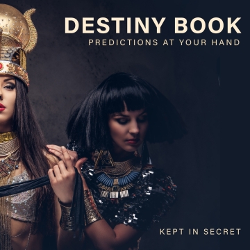 Two women in Egyptian-inspired costumes with the title Destiny Book -Predictions at Your Hand promoting online destiny book software for secret personal insights.