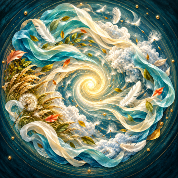 Spiraling currents of air carrying flowing ribbons, feathers, leaves, clouds, and dandelion seeds through a luminous sky