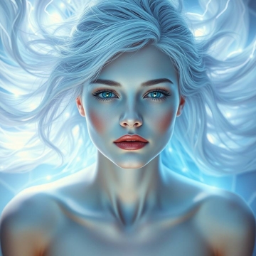 Creative light art, overhead birds eye view. Mythological modern portrait of an ethereal woman symbolizing Aquarius zodiak sign, data-like light streams flowing. Visionary, serene gaze.