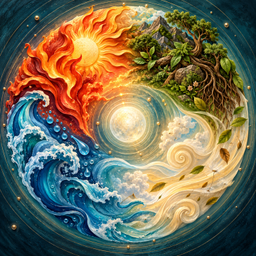 Fire, earth, air, and water flowing into one another in a continuous circular cycle