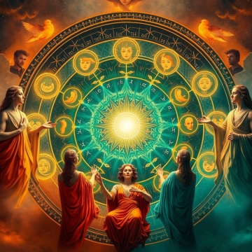 Majestic symbolic painting of twelve zodiac archetypes as a unified field of consciousness rendered with warm terracotta and cool teal hues luminous figures in a circular composition
