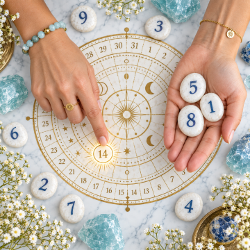 Hands revealing numbered stones over a birth date numerology chart