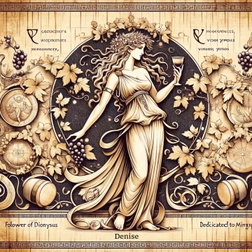 Name Denise, ancient Greek papyrus, featuring a beautiful woman who embodies the essence and origins of the name Denise, connected to Dionysus.