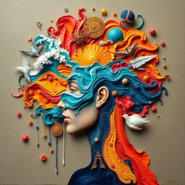 Surreal human profile surrounded by celestial, natural, and symbolic forms representing different paths of understanding.