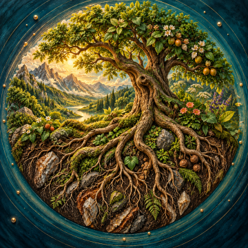 Ancient tree with deep exposed roots growing through fertile soil, stone, crystals, flowers, and a green mountain landscape