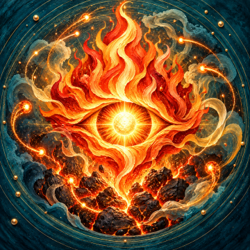 Radiant eye-shaped flame rising from glowing volcanic stone, surrounded by sparks, light, and deep teal shadows
