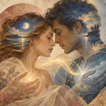 Partners exchanging a luminous emotional current representing instinctive understanding in Vedic love compatibility