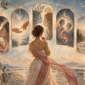 Woman choosing among symbolic windows representing attraction, trust, karmic bonds, relationship dynamics, and future direction