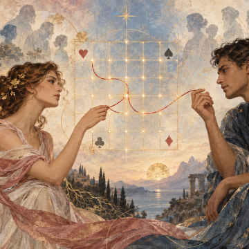 Couple connected by a red karmic thread across the seven-by-seven Destiny Cards matrix with ancestral figures behind them