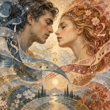 Couple surrounded by numbers, playing-card symbols, and planetary patterns representing the Seven Reflections Love Compatibility System