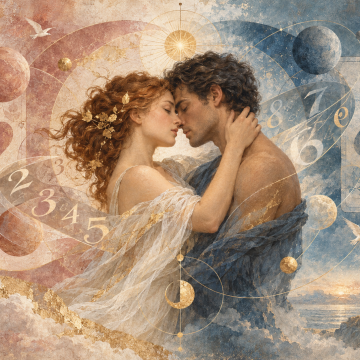 Two people connected by flowing numbers and musical ribbons representing harmony and tension in love numerology