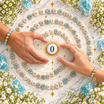 Number 0 surrounded by a spiral of 78 stones, turquoise crystals, white flowers, and hands on a golden celestial chart