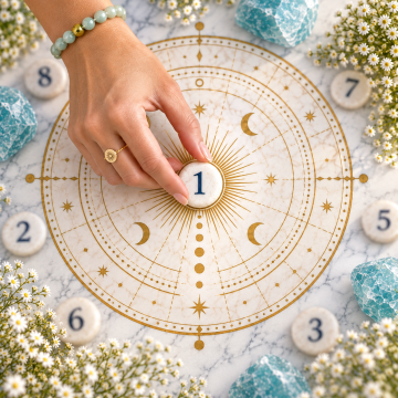 Number 1 stone placed at the center of a golden numerology chart, symbolizing leadership, independence, and new beginnings