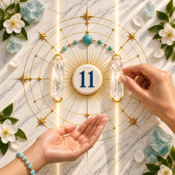 Number 11 framed by twin crystal pillars and parallel beams of light, symbolizing intuition, inspiration, vision, and heightened perception