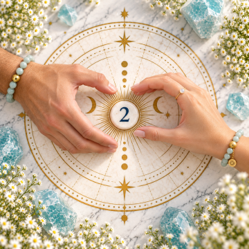 Two hands meet around a Number 2 stone on a balanced golden numerology chart, symbolizing harmony, cooperation, and diplomacy