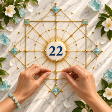 Number 22 centered within an expansive golden framework, symbolizing disciplined manifestation, practical vision, and lasting achievement