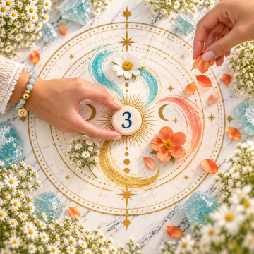 Number 3 stone surrounded by colorful flowing brushstrokes and flowers, symbolizing creativity, imagination, and joyful self-expression