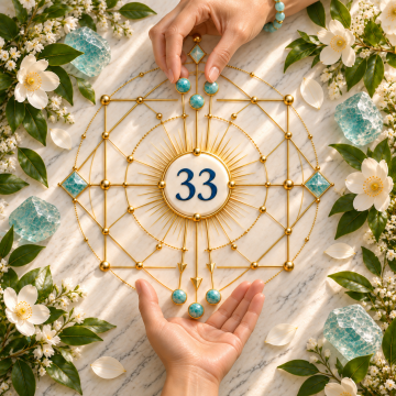 Number 33 within a golden pattern as wisdom passes between two hands, symbolizing compassionate teaching, guidance, healing, and service