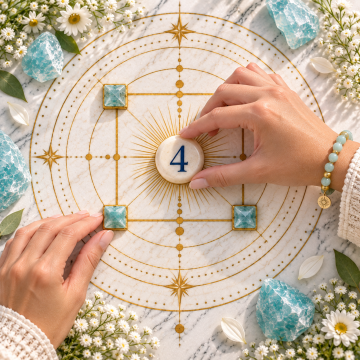 Number 4 stone centered within a structured golden square, symbolizing stability, discipline, order, and lasting foundations