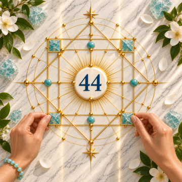 Master Number 44 centered within golden double-square geometry, turquoise stones, white flowers, and two guiding hands