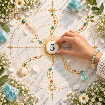Number 5 stone at the center of five unfolding paths, symbolizing freedom, change, curiosity, and exploration