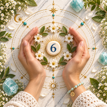 Hands protect a Number 6 stone encircled by six white blossoms, symbolizing care, responsibility, harmony, and devotion