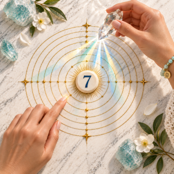 Crystal reveals light over a Number 7 stone and seven concentric rings, symbolizing introspection, wisdom, intuition, and spiritual inquiry