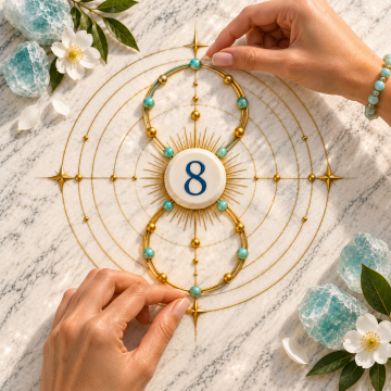 Number 8 stone centered within a balanced golden figure-eight path, symbolizing power, ambition, authority, and material mastery