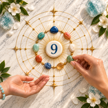 Number 9 stone encircled by nine diverse gemstones, symbolizing compassion, service, wisdom, inclusion, and completion