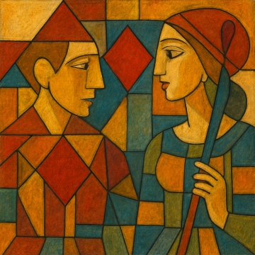 Abstract geometric painting of a man and woman facing each other, dressed in warm red, gold, and teal tones, with red diamond shapes integrated into the background and clothing