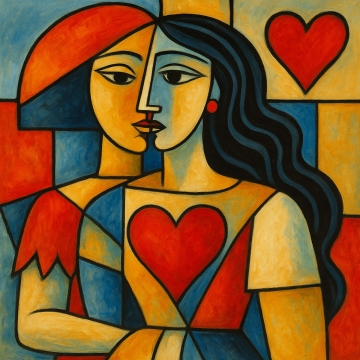 Abstract painting of a woman with flowing dark hair and warm-toned face, split into geometric shapes with a large red heart at her chest and another in the background
