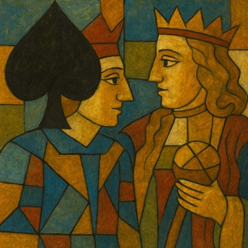 Abstract painting of a solemn figure in deep blue and gold tones, with sharp angular lines and a bold black spade symbol in the background, evoking strength and introspection