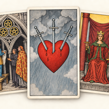 Tarot Cards - 3 of Pentacles, 3 of Swords, Justice